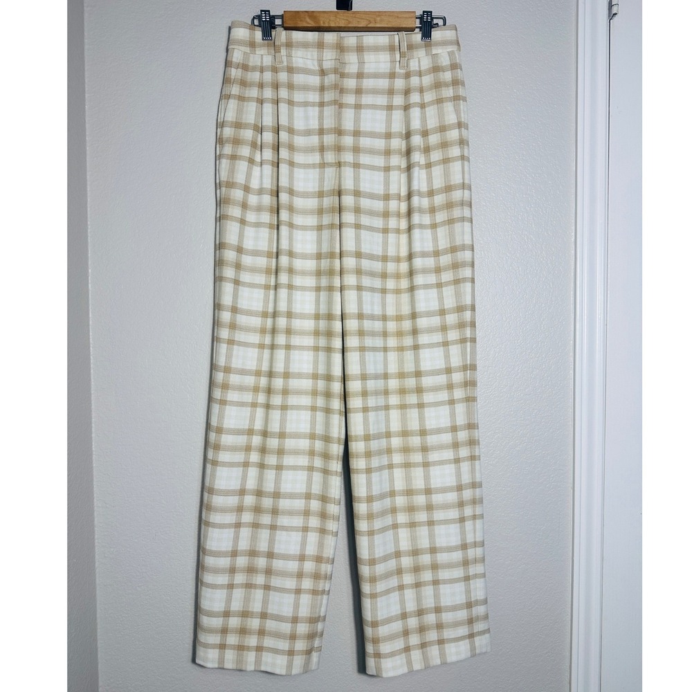 Wilfred Aritzia Plaid Trousers Size 10 Tan Cream Wide Leg Pleated Fall Office